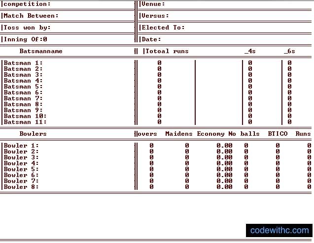 cricket score sheet without bowler detail